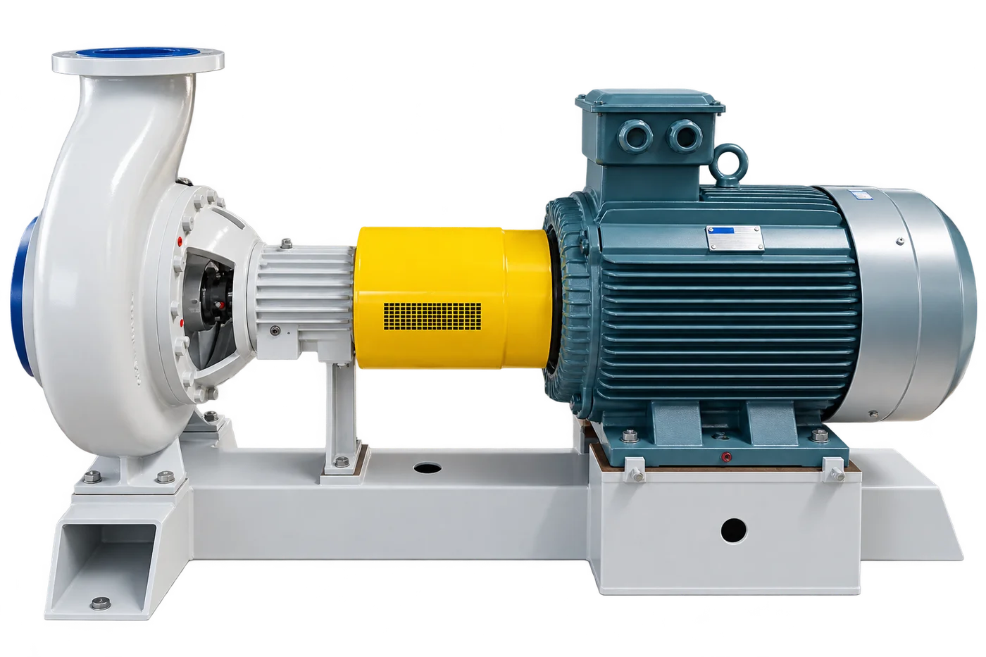 AC single-stage process pump and motor mounted on a common baseplate with a yellow coupling guard
