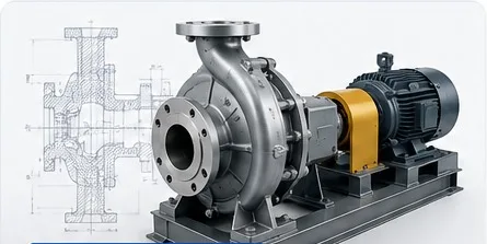 Metallic Durco Mark III equivalent process pump beside an engineering drawing