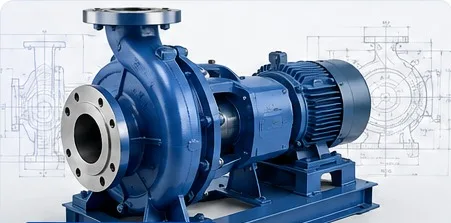 Blue Goulds 3196 replacement process pump beside an engineering drawing