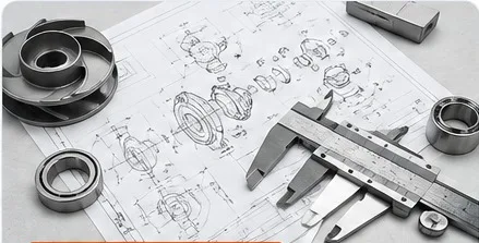 Pump parts, engineering drawing and caliper for OEM part cross-reference review