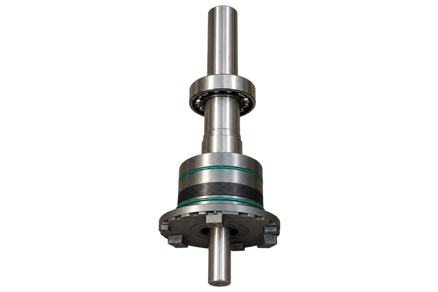 Equipment shaft and bearing assembly showing bearing locations, housing threads and sealing rings