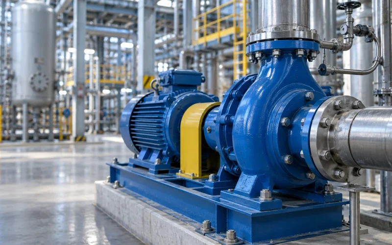 Blue ANSI chemical process pump with connected piping and motor assembly in an industrial plant