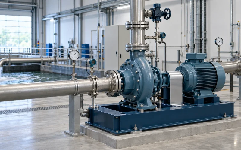 ANSI process pump and motor installed in an industrial test environment