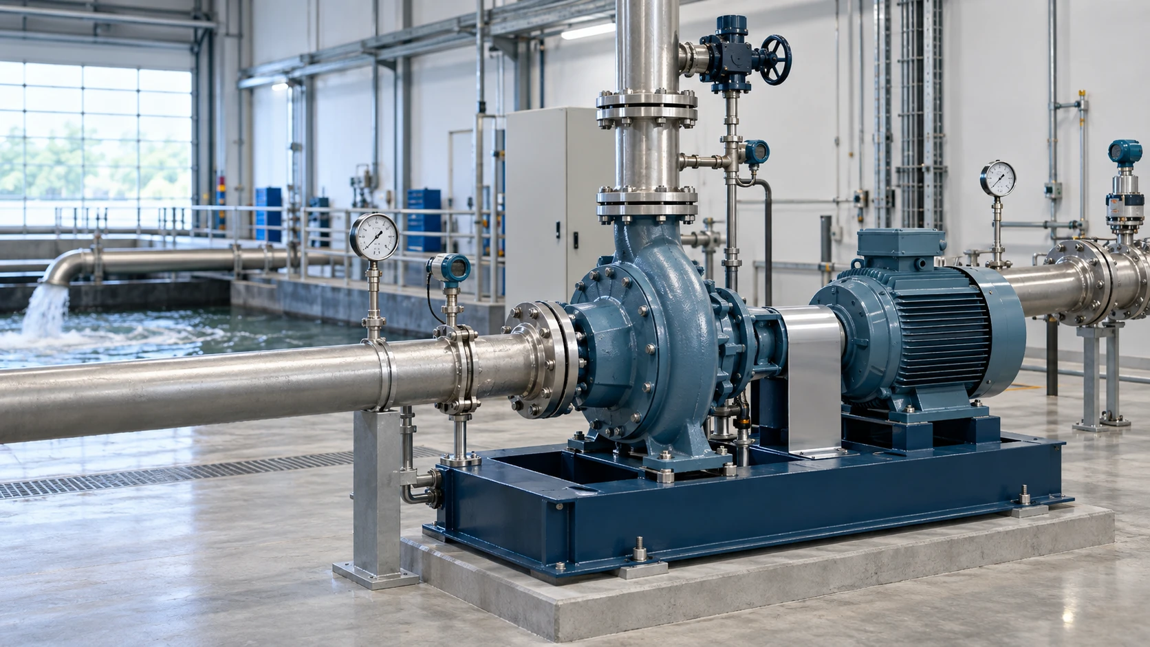 ANSI process pump and motor installed in an industrial test environment