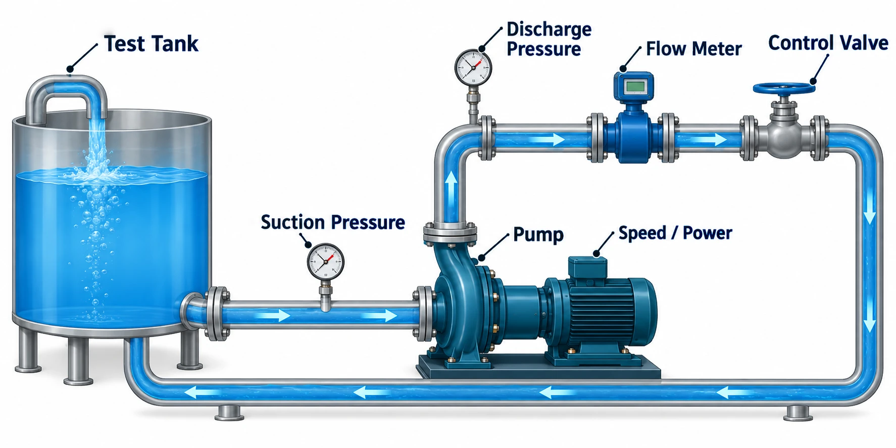 Factory pump acceptance test loop with test tank, suction pressure, discharge pressure, flow meter, pump, speed or power measurement and control valve