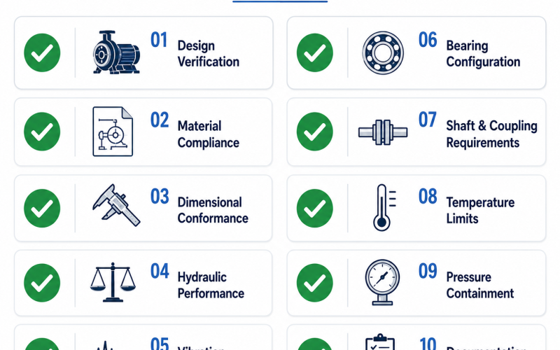 10-point ASME B73.1 compliance audit checklist: Dimensional, Material Cert, Hydrostatic, Balance, Performance, Vibration, Nameplate, NDE, Coating, IOM Manual — asme-b73-1-standard-compliance-third-party-ansi-pumps-global-engineering-audits