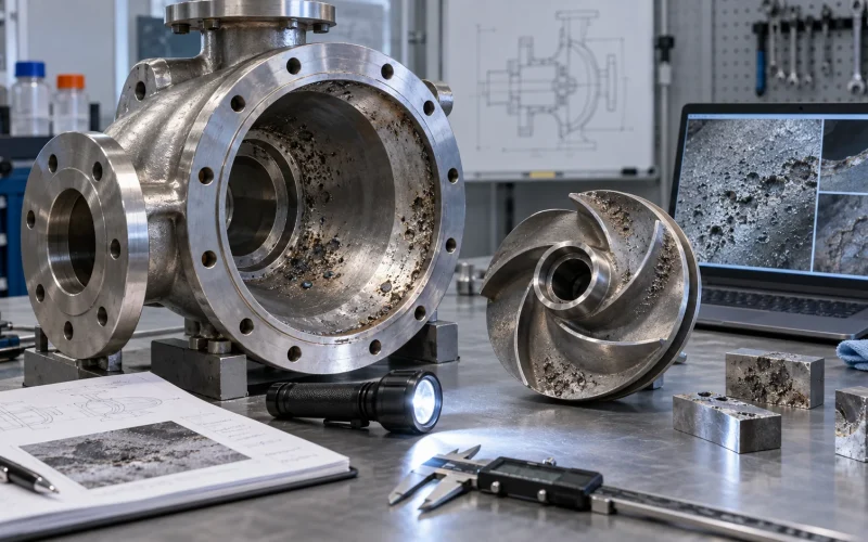 316 stainless steel chemical pump wet-end showing localized corrosion and engineering failure inspection
