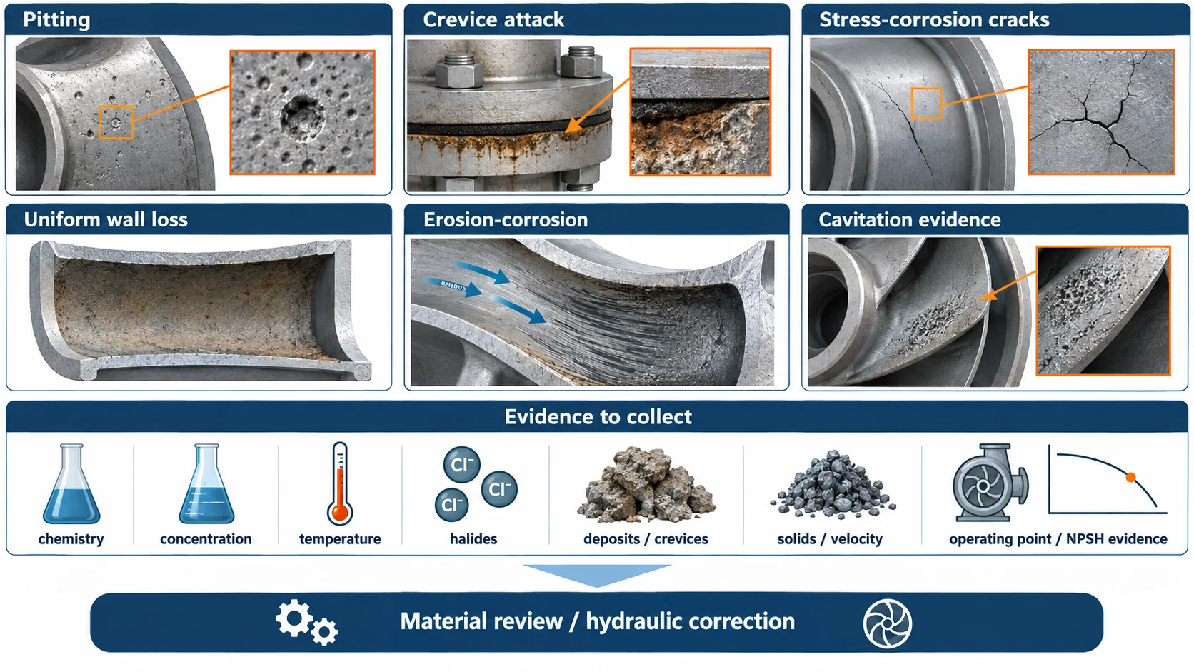 316 stainless steel chemical pump failure diagnostic showing pitting crevice corrosion cracking erosion-corrosion and cavitation evidence