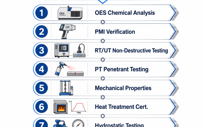 7-point alloy verification protocol flowchart: OES chemical analysis, PMI verification, RT/UT NDE, PT penetrant testing, mechanical properties, heat treatment certification, hydrostatic testing — sourcing-titanium-hastelloy-ansi-pumps-verify-alloy-purity-casting-quality