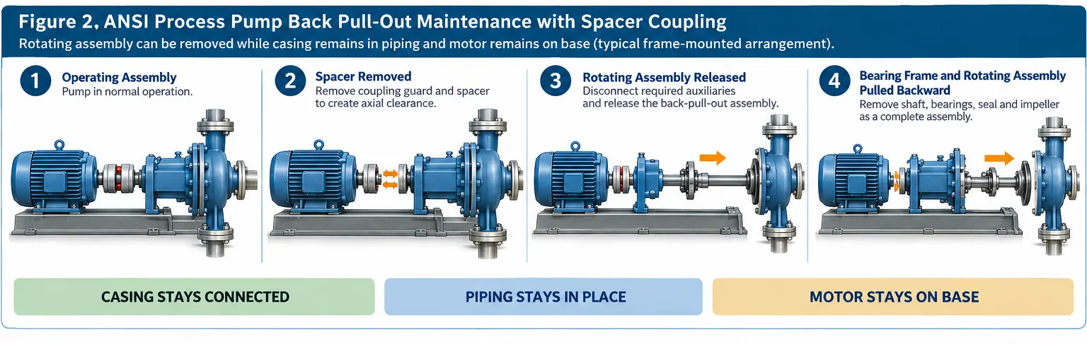 ANSI process pump back pull-out maintenance with spacer coupling while casing piping and motor remain in place