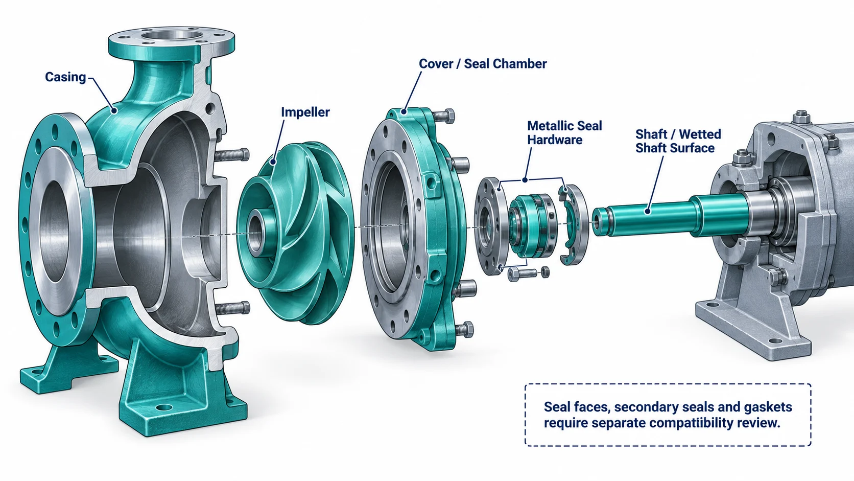 ANSI chemical process pump wetted assembly material review showing casing cover impeller shaft and metallic mechanical seal components