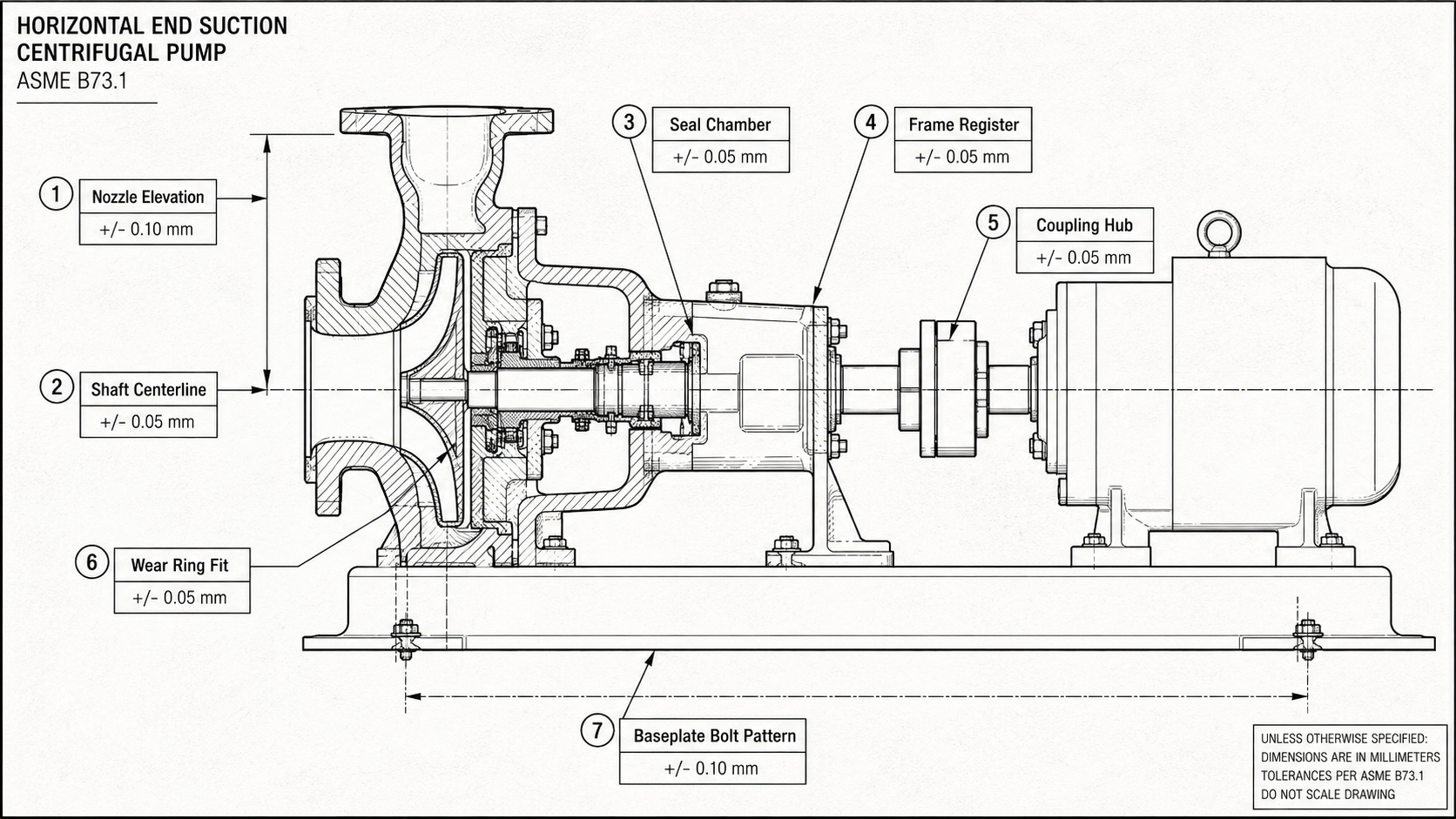 ASME B73.1 pump dimensional interchangeability interface diagram nozzle elevation baseplate bolt pattern