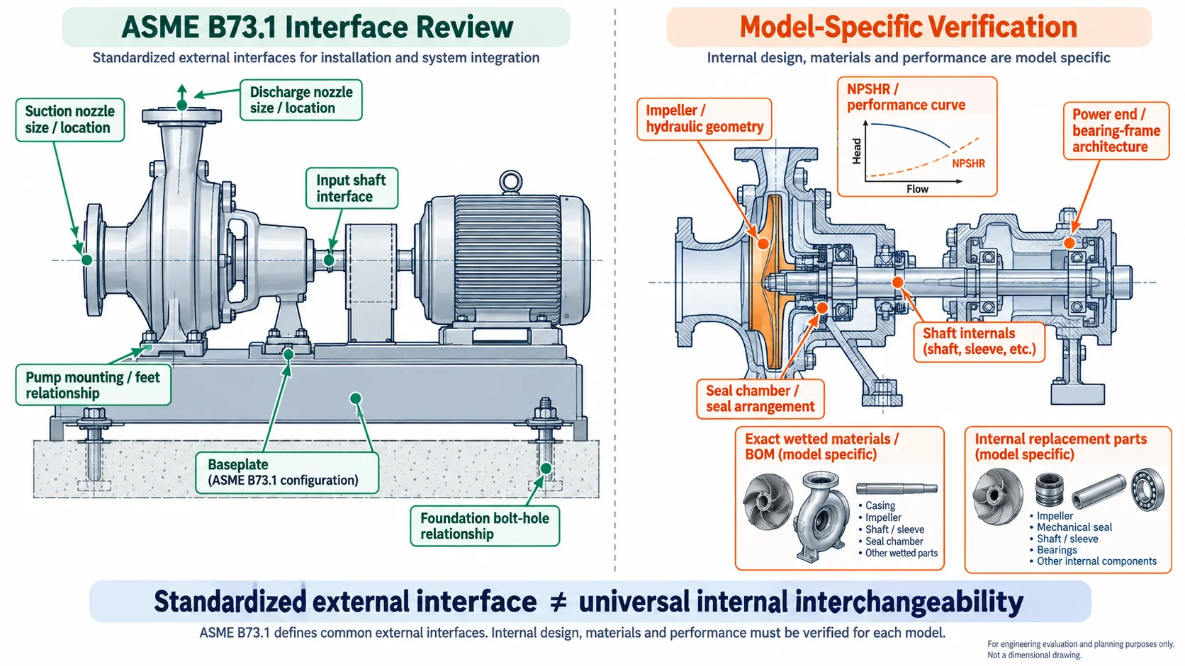 ASME B73.1 standardized pump installation interfaces compared with model-specific impeller shaft seal chamber and hydraulic verification