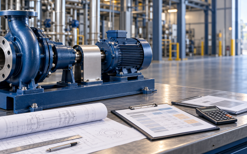 Industrial process pump beside engineering drawings, a quotation comparison worksheet and calculator for OEM replacement TCO analysis