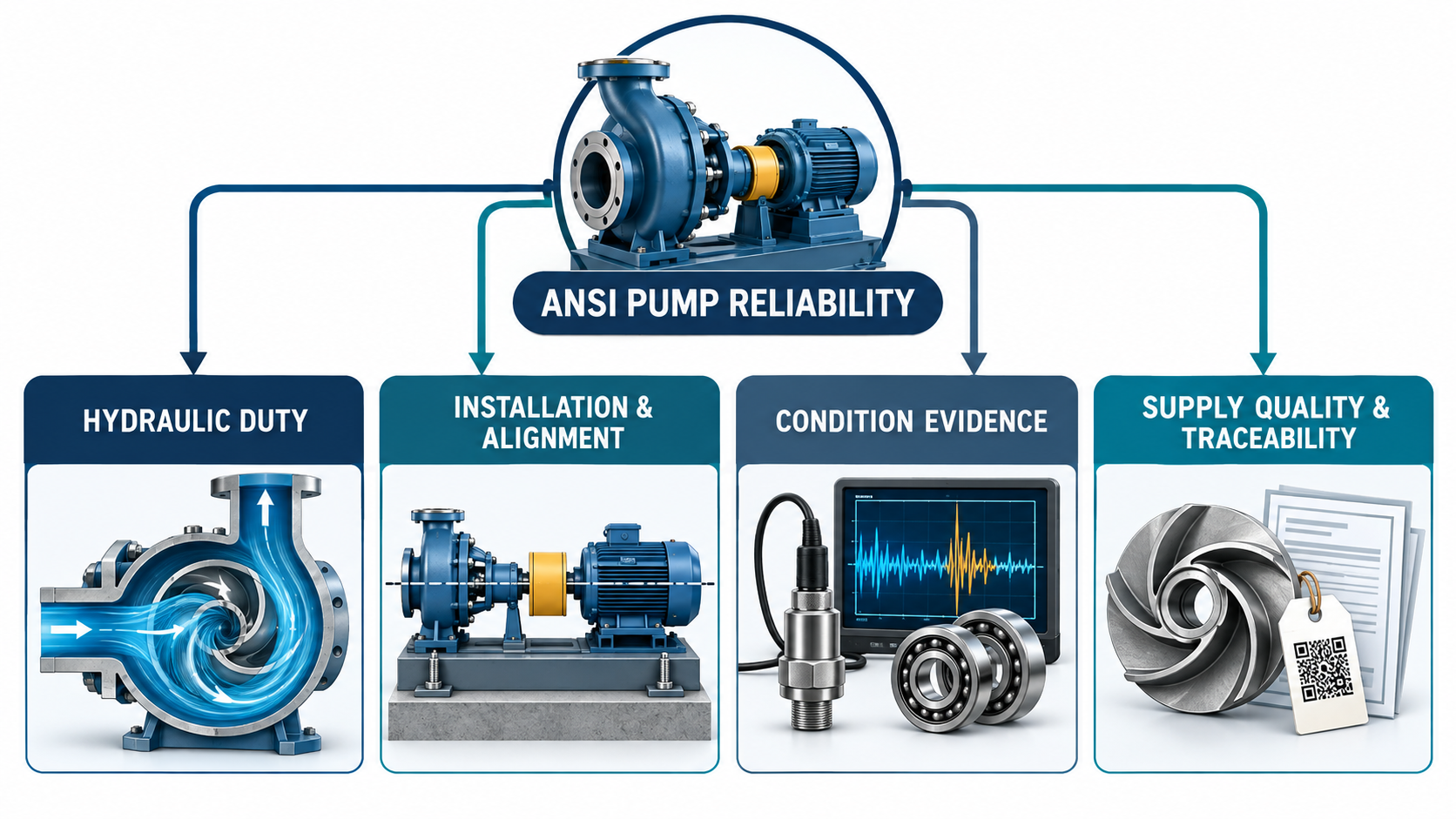 Four-pillar ANSI pump reliability infographic connecting hydraulic duty, installation and alignment, condition evidence, and supply quality and traceability