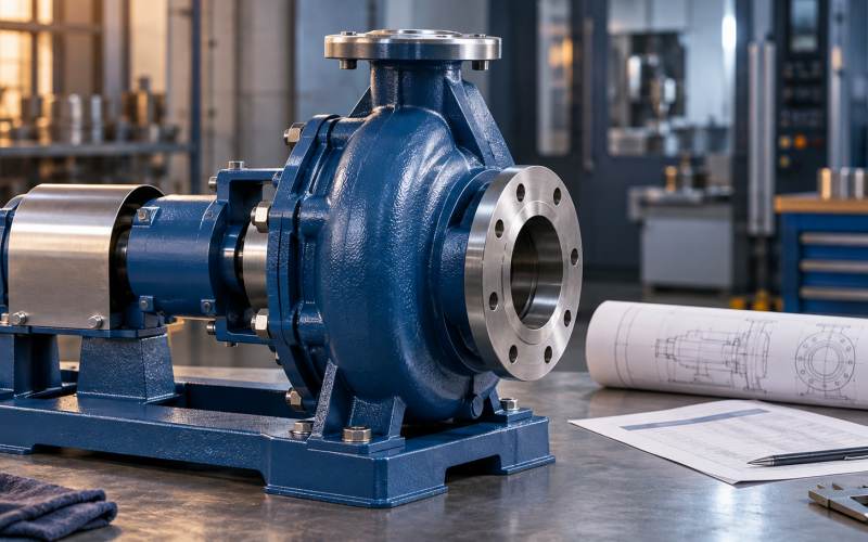 Blue horizontal end-suction chemical process pump beside engineering drawings for Goulds 3196 replacement fitment review