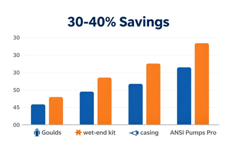 Goulds 3196 OEM prices vs ANSI Pumps Pro cost comparison bar chart — pump components showing 30-40% savings for goulds-3196-price-increase-2026-interchangeable-ansi-pumps alternatives