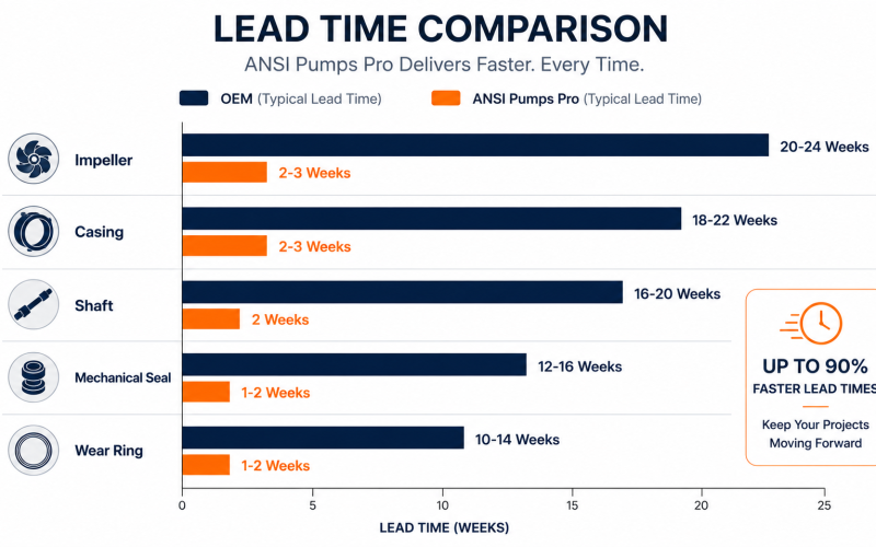 OEM vs ANSI Pumps Pro lead time bar chart for 5 exotic alloy components: Casing A20, Impeller CD4M, Wet-End Kit Hastelloy C, Casing Titanium, Shaft Nickel — extended-life-alloy-wet-ends-shorter-lead-times-oem