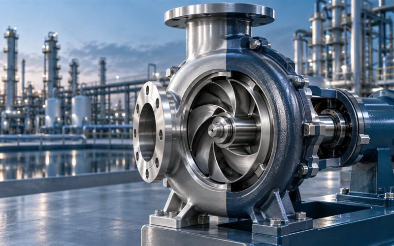 ANSI chemical centrifugal pump with titanium and nickel-chromium-molybdenum alloy material contrast in a chemical processing plant