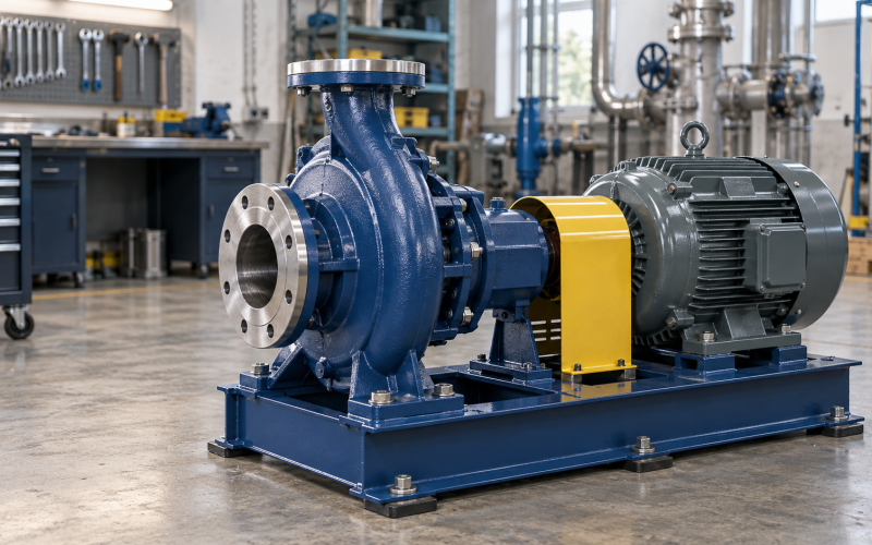 Horizontal ANSI process pump with electric motor on a steel base in an industrial workshop