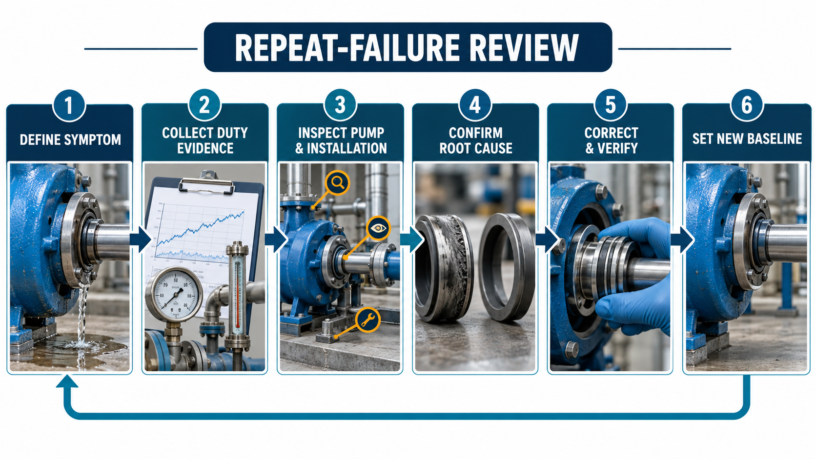 Six-step ANSI pump repeat-failure workflow: define symptom, collect duty evidence, inspect pump and installation, confirm root cause, correct and verify, and set a new baseline