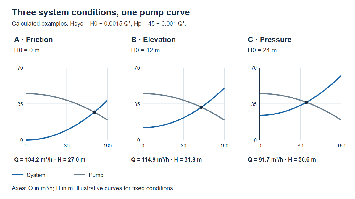 Calculated pump and system curves comparing friction, elevation and vessel-pressure conditions.