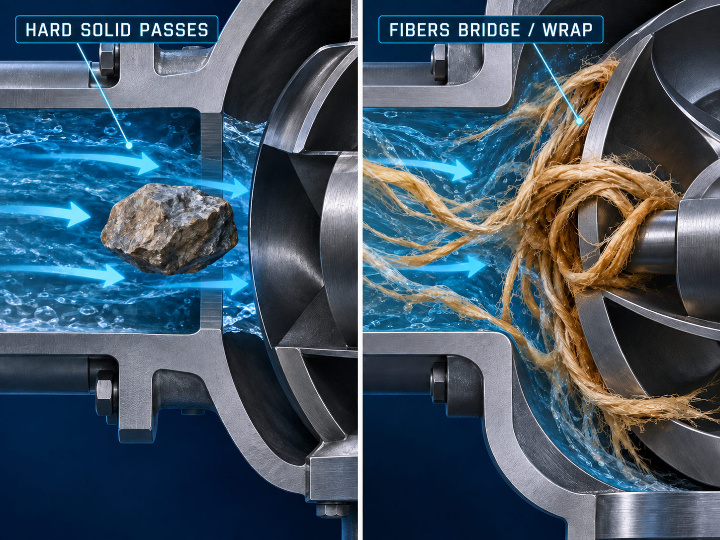 Engineering diagram showing why nominal free passage for hard solids does not guarantee resistance to fibrous ragging in a pump impeller