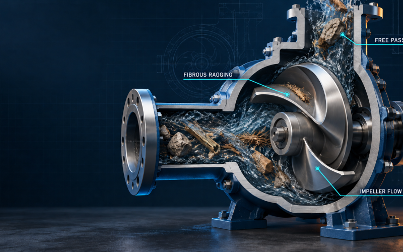 Cutaway trash pump impeller showing free passage, fibrous ragging risk and impeller flow path with engineering callouts