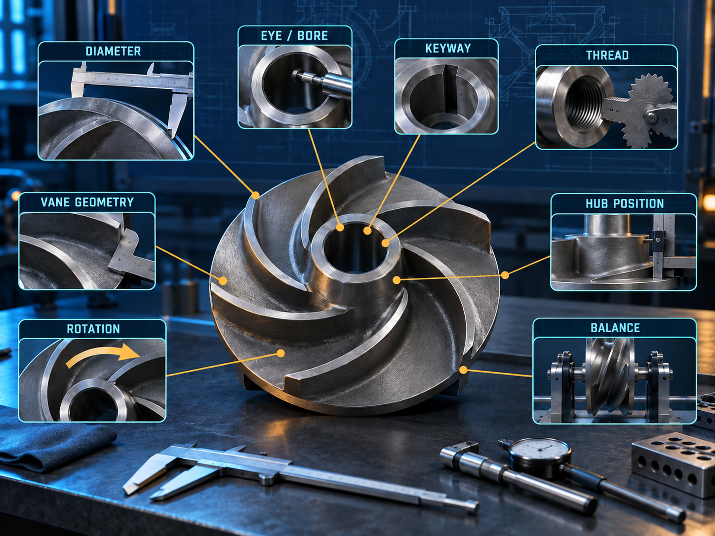 Trash pump impeller replacement verification diagram showing diameter eye bore key thread vane geometry hub axial position rotation and balance checks