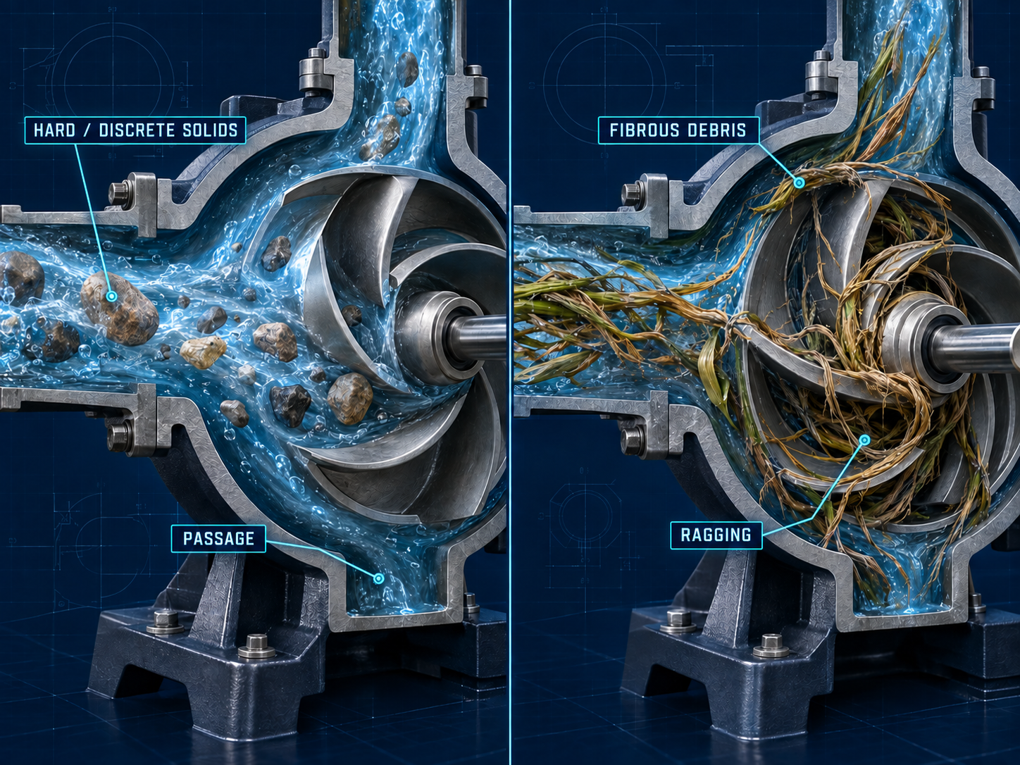 Trash pump solids classification comparing hard discrete particles with soft fibrous debris and the different failure mechanisms