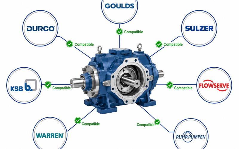 Universal power end compatible with 7 ANSI pump brands: Goulds 3196, Durco Mark III, Peerless 8196, Griswold 811, Summit 2196, Dean R500, Aurora 350 — one-power-end-multiple-brands-universal-compatibility