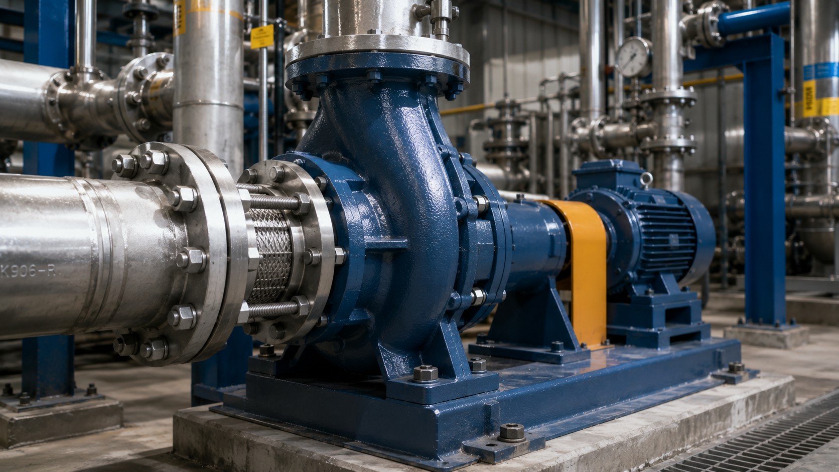 Newly installed ANSI B73.1 process pump connected to industrial piping in a chemical plant