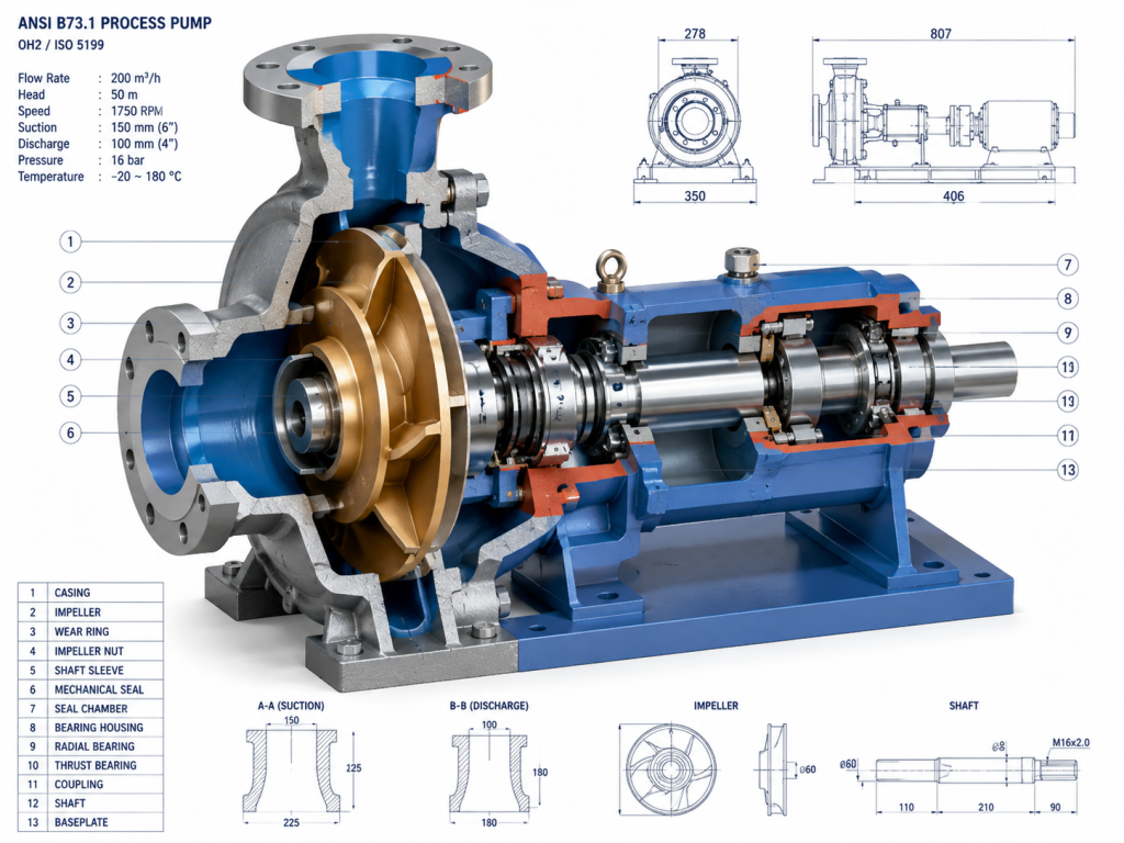 3D engineering cross-section diagram of ANSI B73.1 and ISO 5199 process pump components