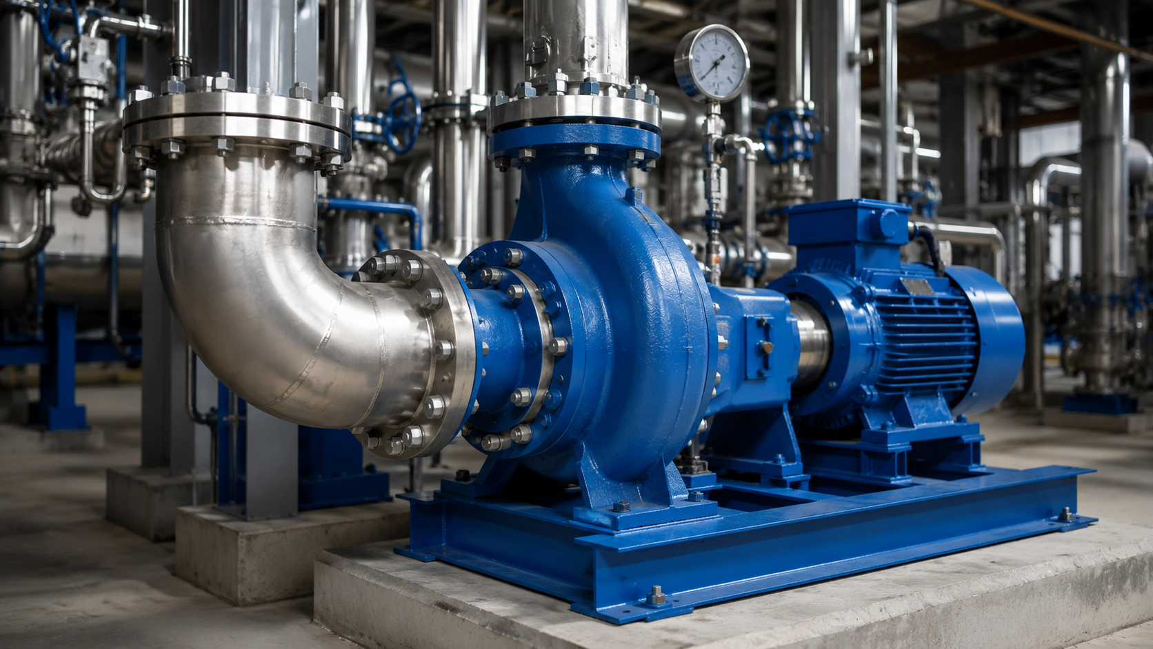 Heavy-duty ANSI chemical process pump installed in an industrial plant for fluid transfer and flow rate monitoring