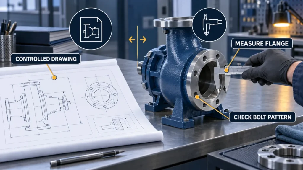 Illustration labeled controlled drawing, measure flange, and check bolt pattern.