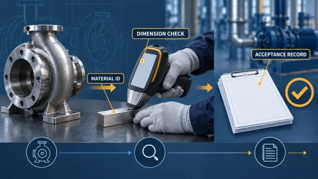 Illustration labeled material ID, dimension check, and acceptance record.