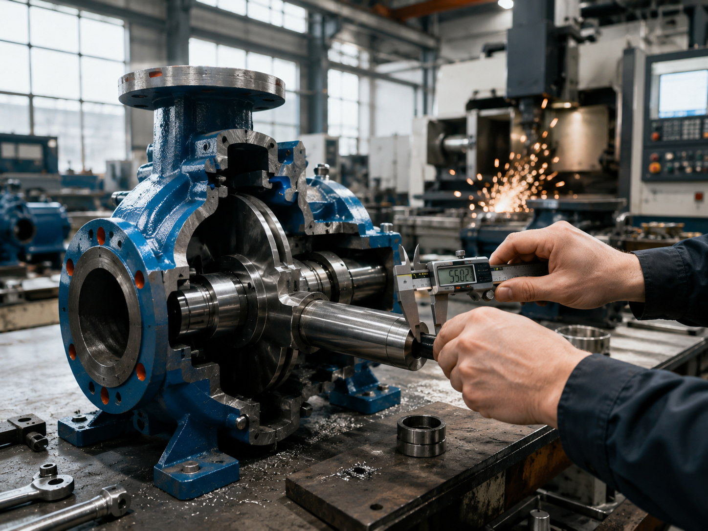 ANSI process pump undergoing precision CNC machining and dimensional inspection to ASME B73.1 standards