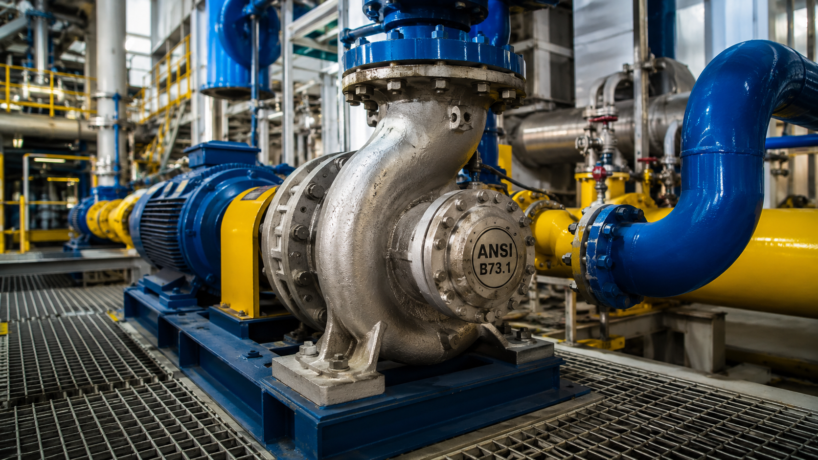 Heavy-duty ANSI centrifugal pump installed in a chemical processing plant complying with ASME B73.1 standards