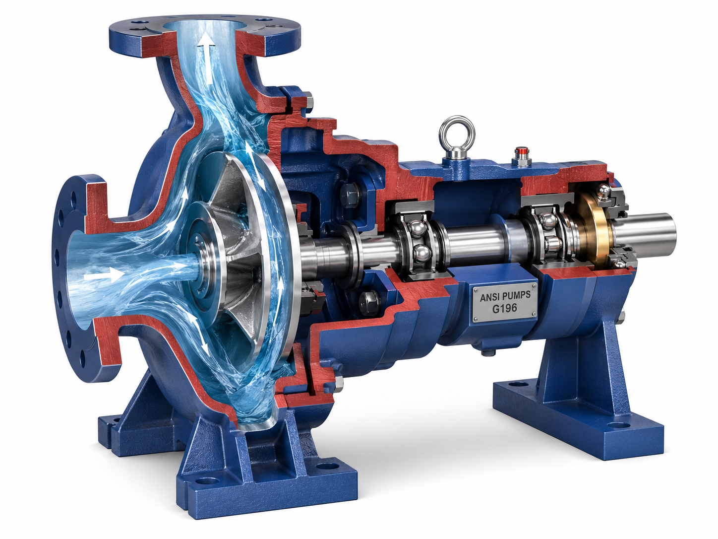 Cross-section and internal structure of ANSI chemical pump showing the open impeller and heavy-duty bearing frame