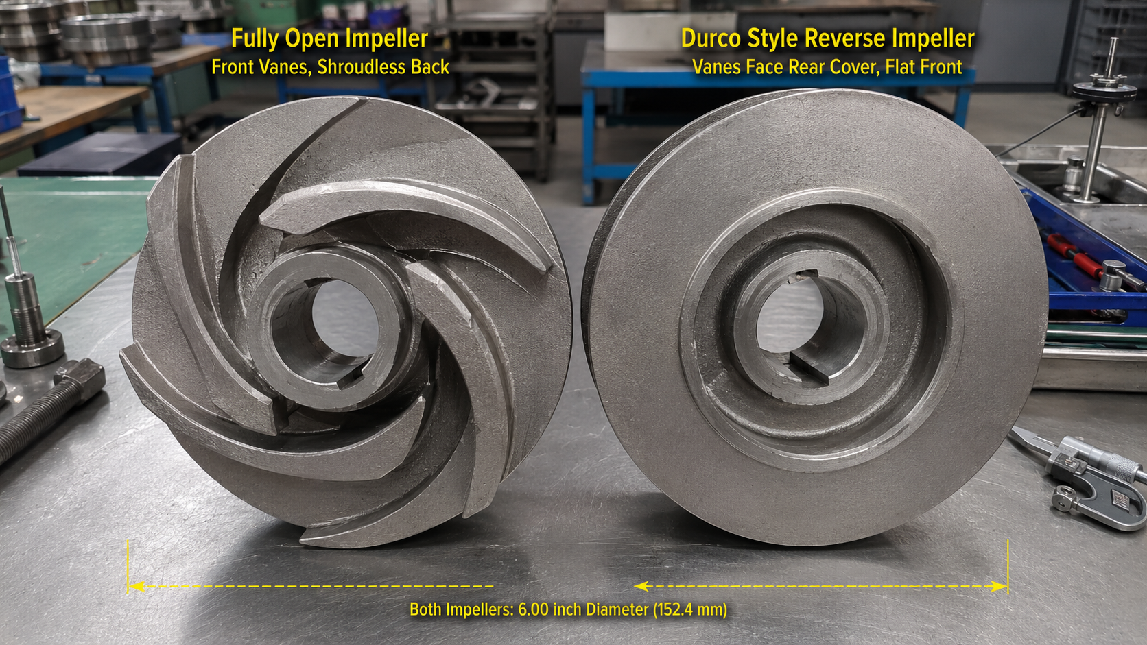 Side-by-side comparison of a standard Fully Open Impeller and a Durco style Reverse Impeller showing technical clearance differences.