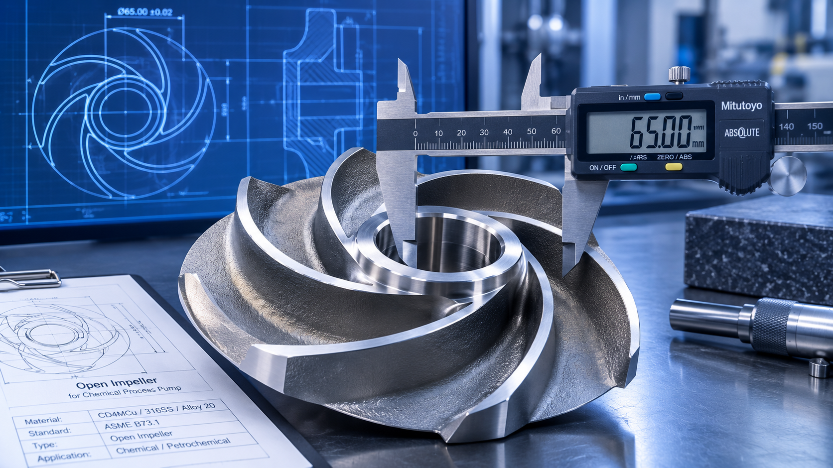 Precision-engineered open impeller being measured to ensure 100% dimensional interchangeability with OEM pump parts.