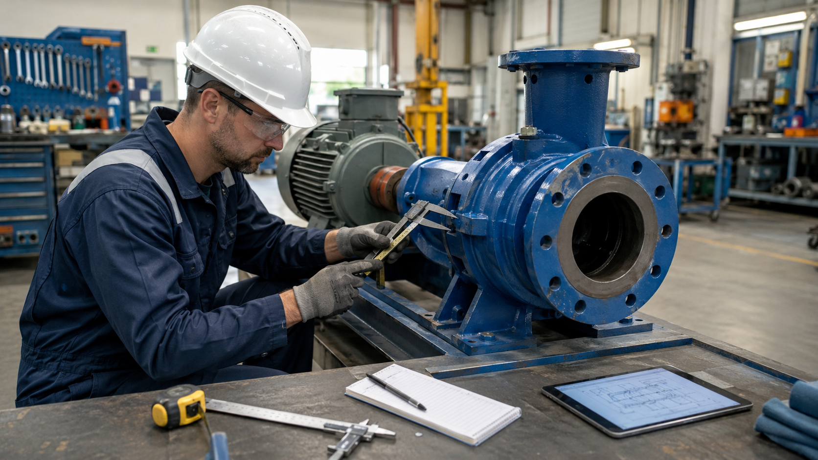 Engineer measuring installation dimensions for an ANSI process pump replacement