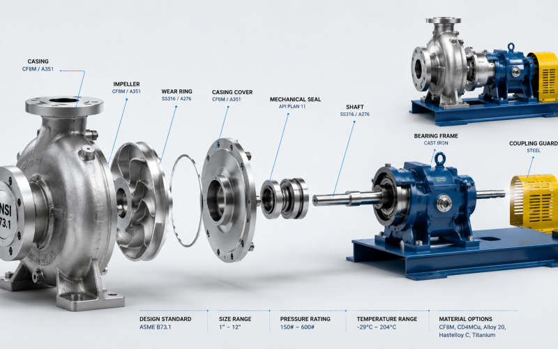 3D technical render of a standardized ANSI process pump showcasing internal components for ASME B73 compliance