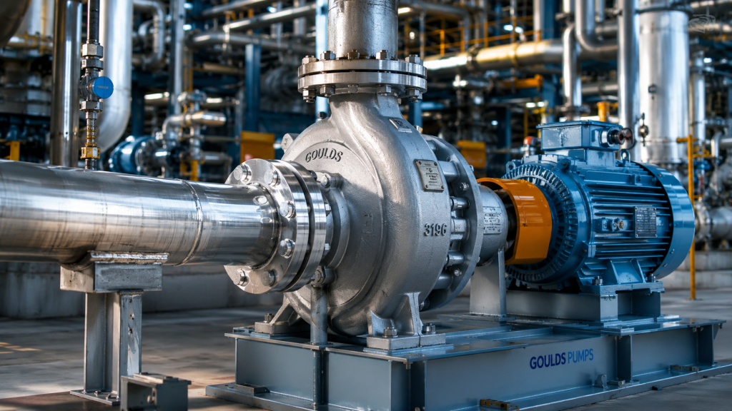 Heavy-duty chemical process pump installation comparing ANSI and ISO design standards