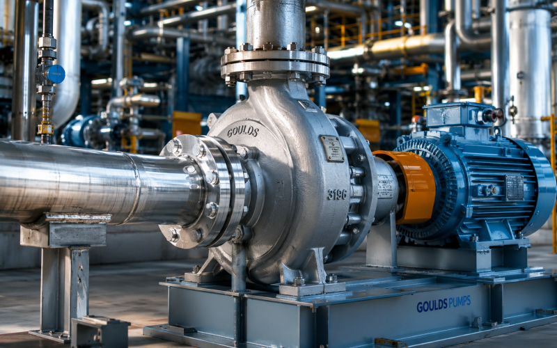 Heavy-duty chemical process pump installation comparing ANSI and ISO design standards