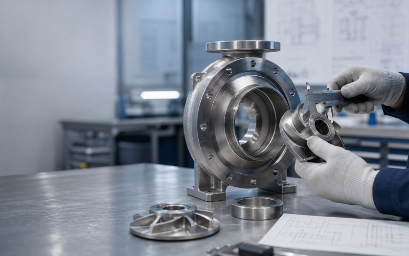 ANSI chemical process pump wet-end being measured for Goulds 3196 replacement compatibility