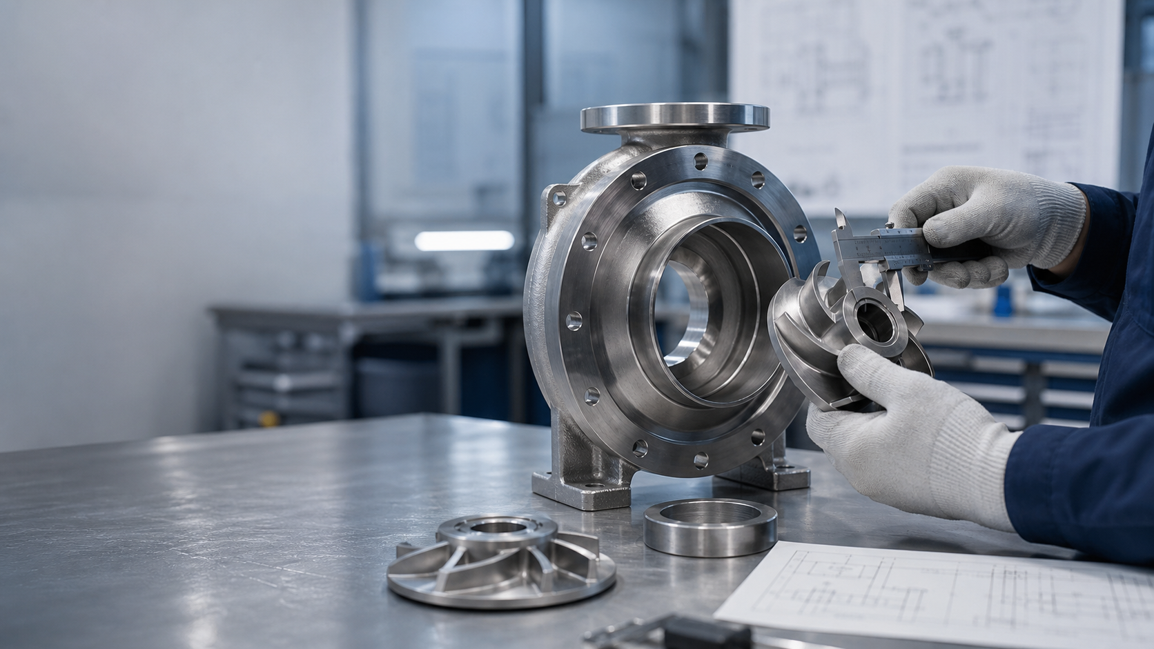 ANSI chemical process pump wet-end being measured for Goulds 3196 replacement compatibility
