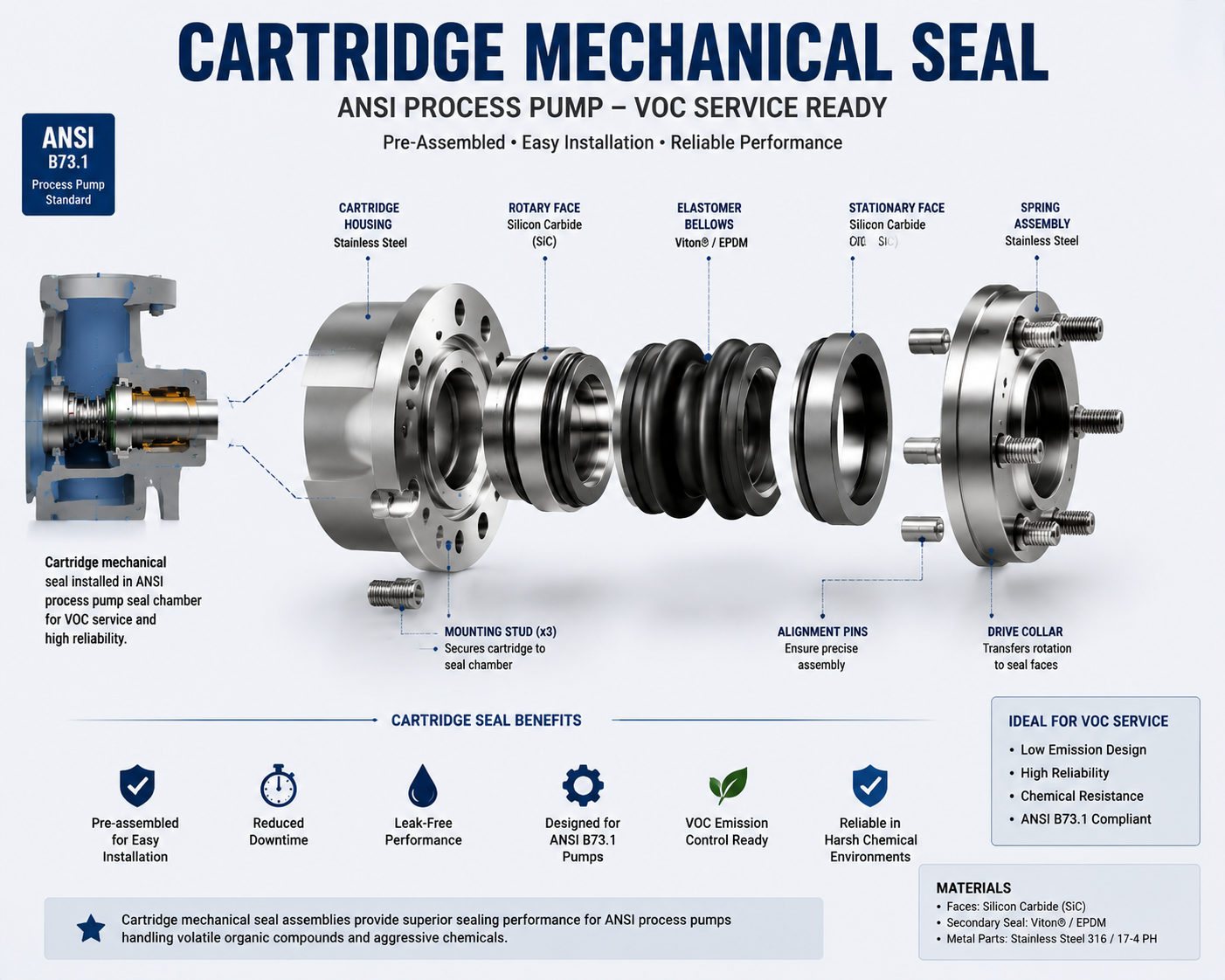 Cartridge mechanical seal assembly used in ANSI chemical process pumps