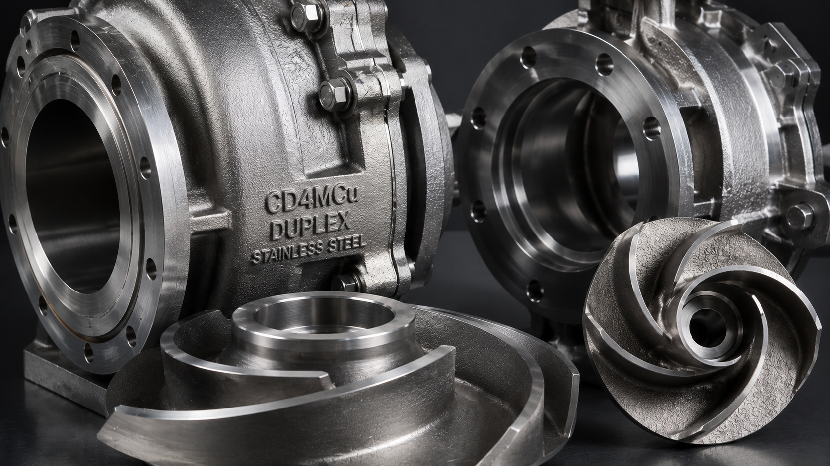 Heavy-duty industrial chemical pump casings and impellers cast in CD4MCu and corrosion-resistant alloys.