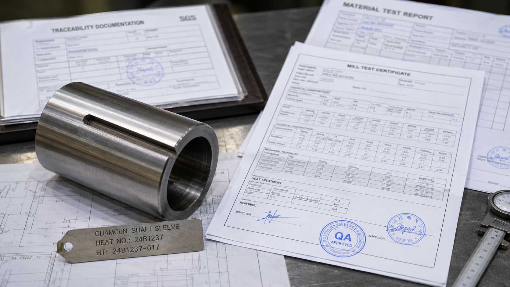 Material test report and heat-number traceability for a CD4MCuN shaft sleeve